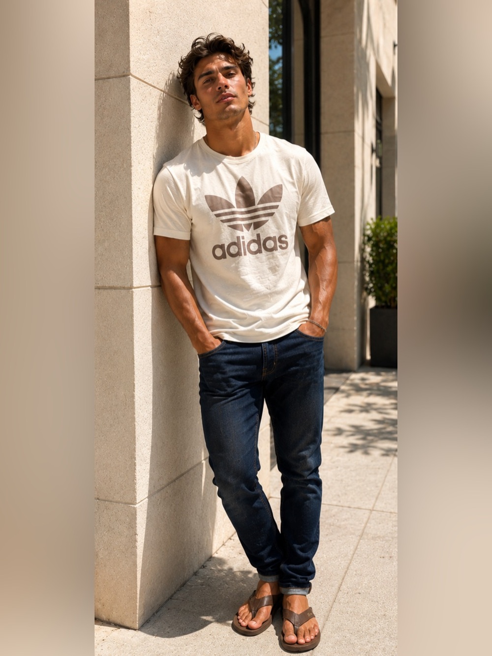 adidas Off-White Tee with Brown Trefoil